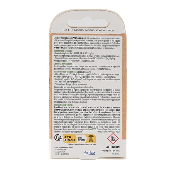 Pipettes anti puces répulsives pour chien Vétosan Clément Thékan