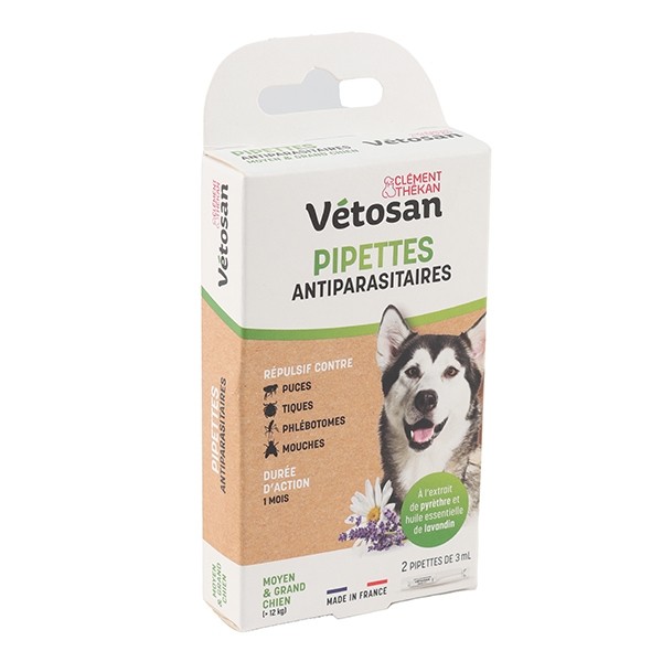 Pipettes anti puces répulsives pour chien Vétosan Clément Thékan