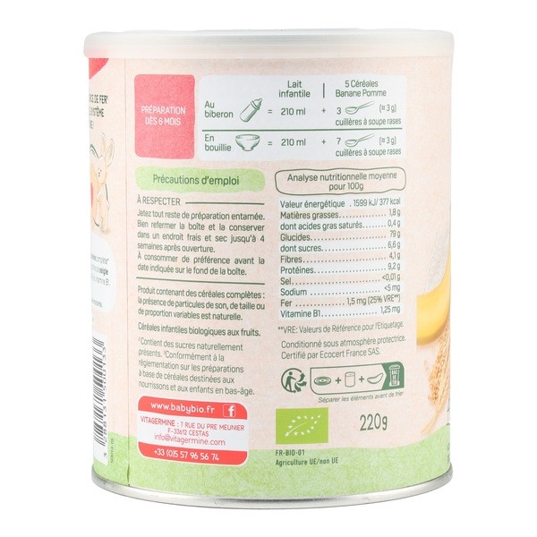 Babybio 5 céréales Immunité Banane pomme