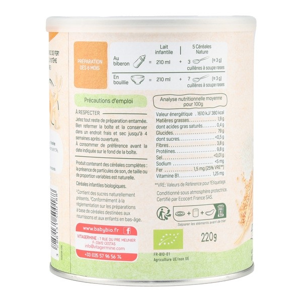 Babybio 5 céréales nature Riz Blé Avoine Seigle Quinoa