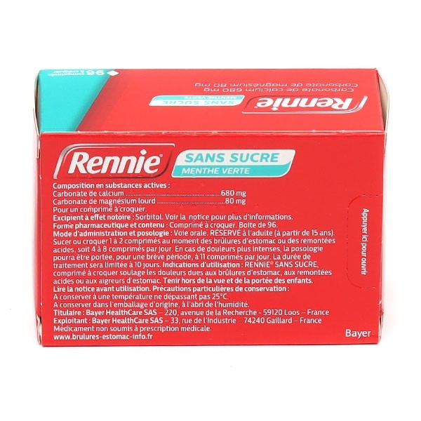 Pastille Rennie  sans sucre menthe verte