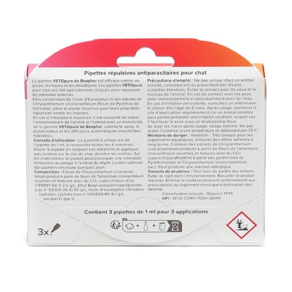Vetopure Chat Pipettes antiparasitaires répulsives