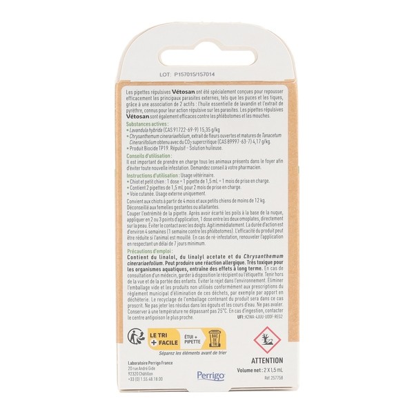 Pipettes anti puces répulsives pour chien Vétosan Clément Thékan