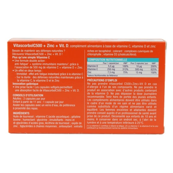 Vitascorbol Vitamine C 500 + Zinc + Vitamine D capsules
