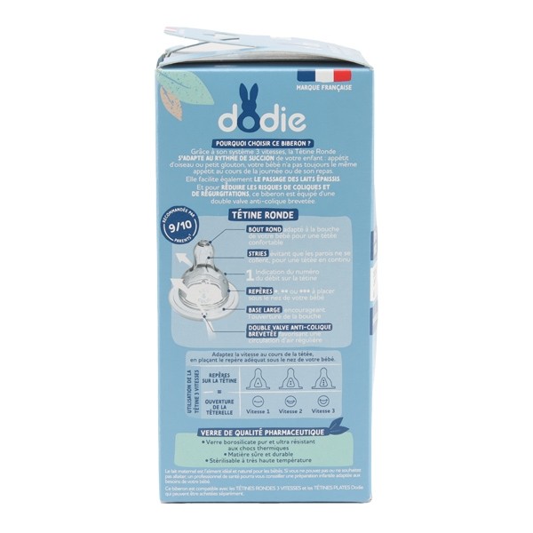 Dodie Biberon verre Tétine ronde Débit lent 150 ml