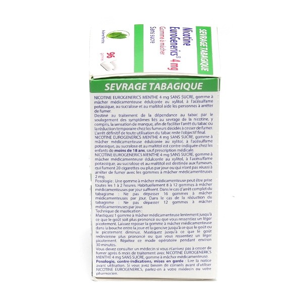 Nicotine 4 mg menthe sans sucre gommes EuroGenerics