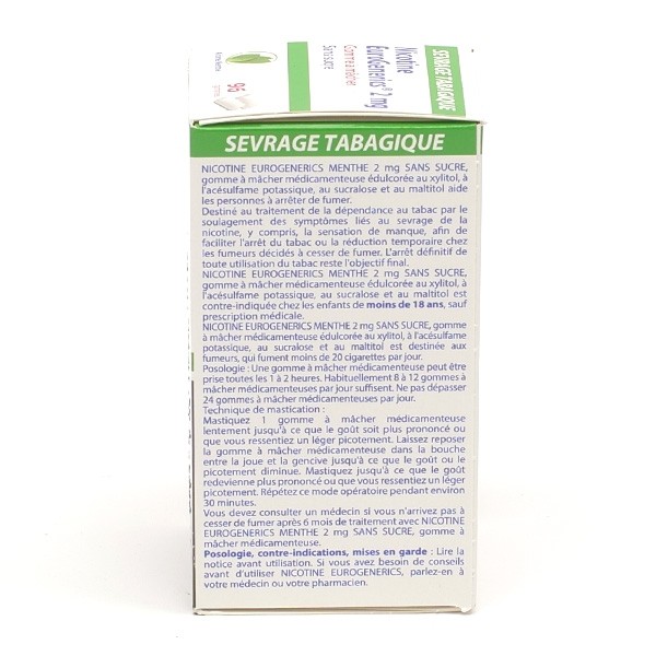 Nicotine 2 mg menthe sans sucre gommes EuroGenerics