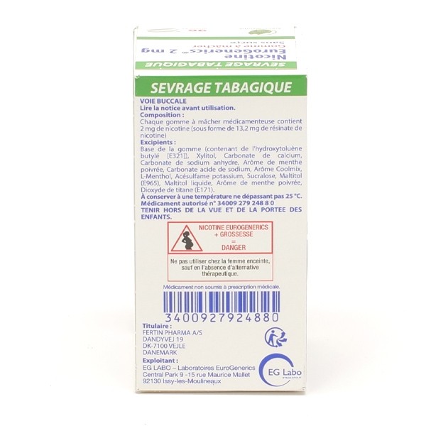 Nicotine 2 mg menthe sans sucre gommes EuroGenerics