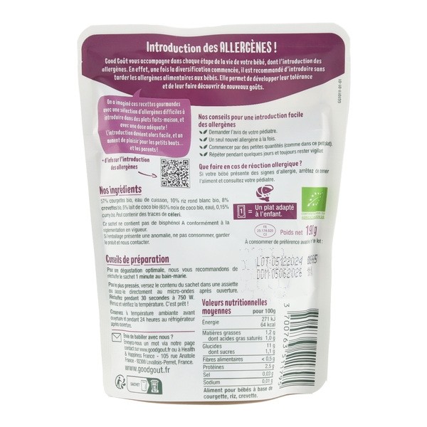 Good Goût Compotée de Courgettes Riz Lait de coco Curry Crevettes bio