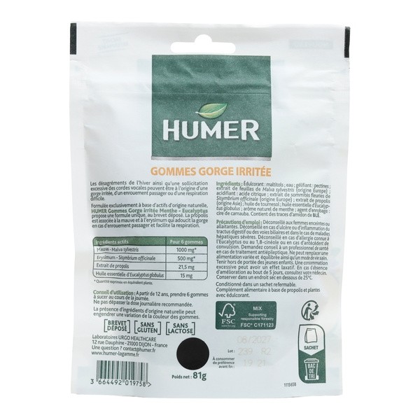 Humer Gommes Gorge irritée Menthe Eucalyptus
