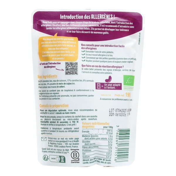 Good Goût tomates carottes polenta et noix de cajou bio