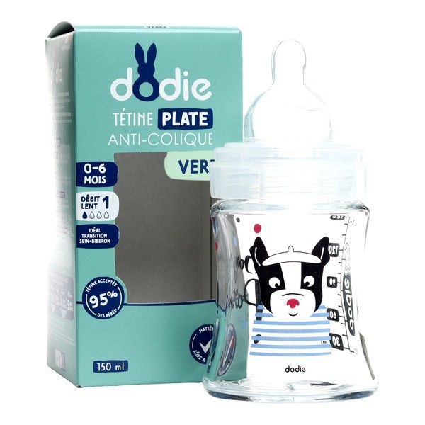 Dodie Biberon verre Tétine plate Débit lent 150 ml