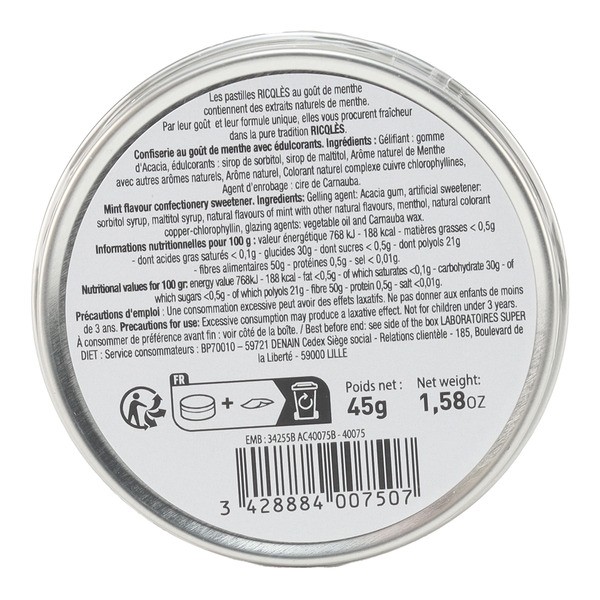 Ricqles pastilles menthe forte sans sucres