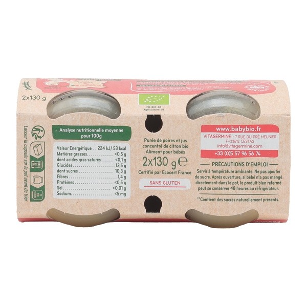 Babybio Petits pots Bébé Poire d'Occitanie bio