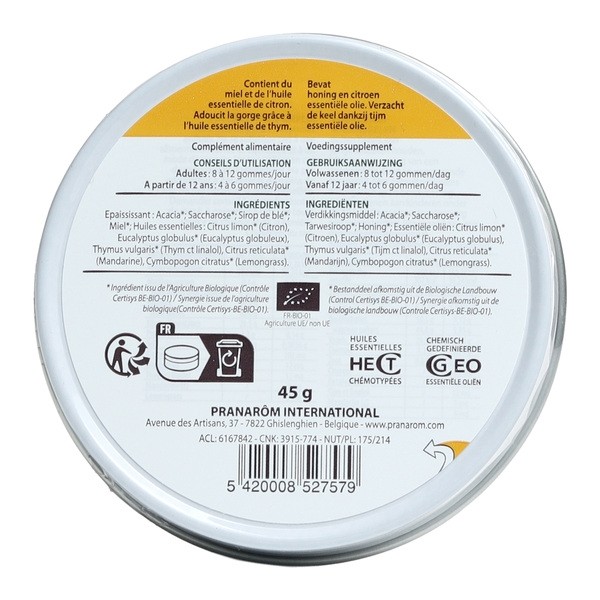 Pranarom Aromaforce gommes adoucissantes Bio miel citron