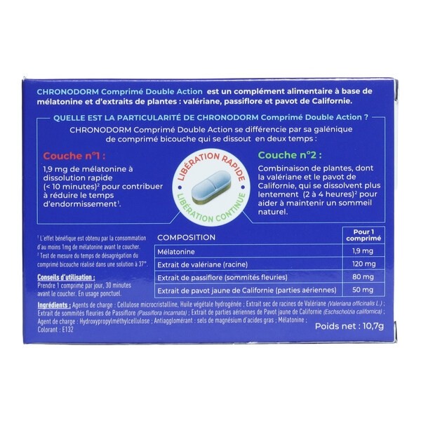 Chronodorm comprimé Double action Mélatonine 1,9 mg et Plantes