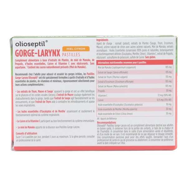 Olioseptil Gorge Larynx pastilles Miel Citron