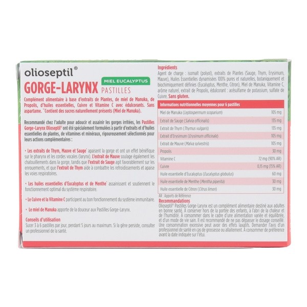 Olioseptil Gorge Larynx pastilles Miel Eucalyptus