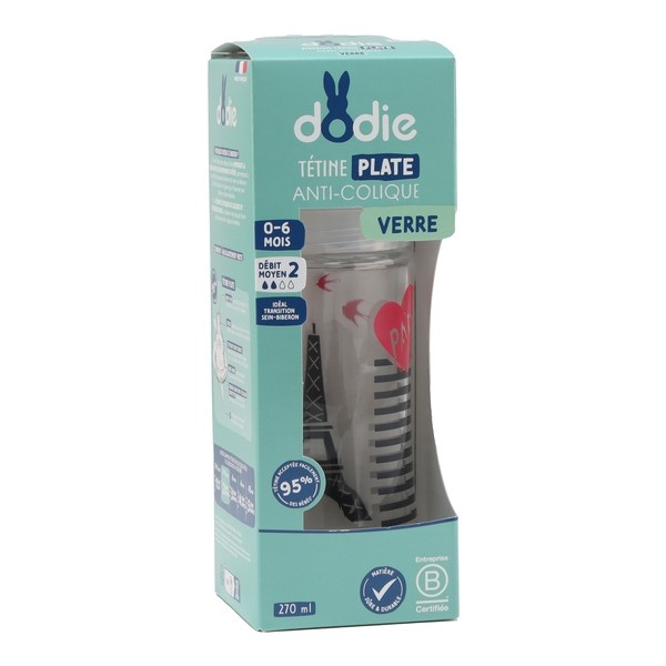 Dodie Biberon verre Tétine plate Débit moyen 270 ml