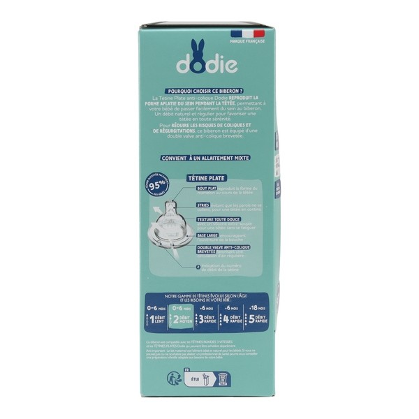 Dodie Biberon verre Tétine plate Débit moyen 270 ml