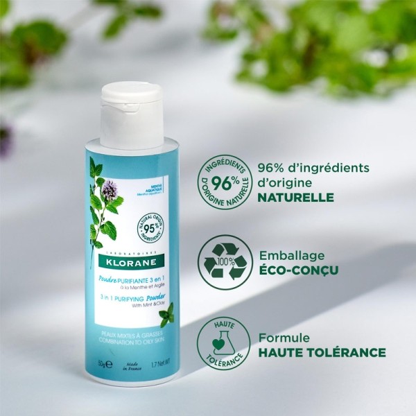Klorane poudre purifiante 3 en 1 Menthe aquatique bio