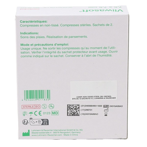 Compresses non tissées stériles 7,5 x 7,5 cm Lohmann Vliwasoft