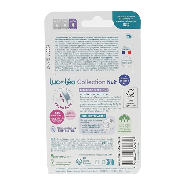 Luc et Léa Collection Sucette silicone anatomique nuit +18 mois