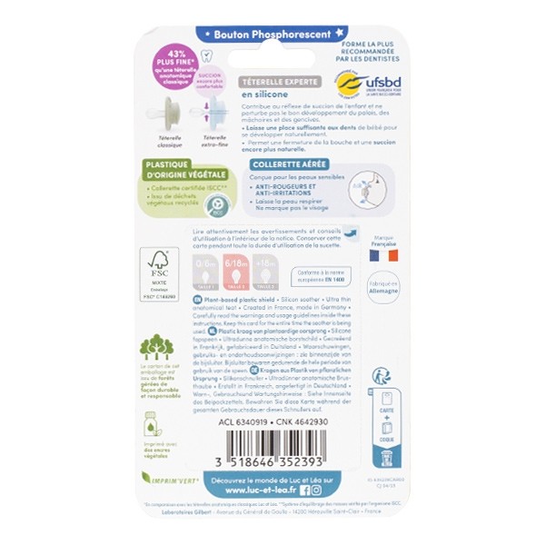 Luc et Léa Nature sucette silicone anatomique 6-18 mois Nuit