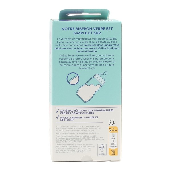 MAM Biberon verre Tétine plate débit lent 170 ml