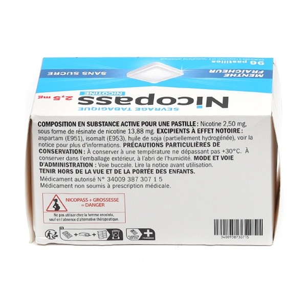 Nicopass 2,5 mg menthe fraîcheur sans sucre pastilles
