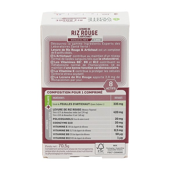 Santé Verte Levure de riz rouge et artichaut comprimés