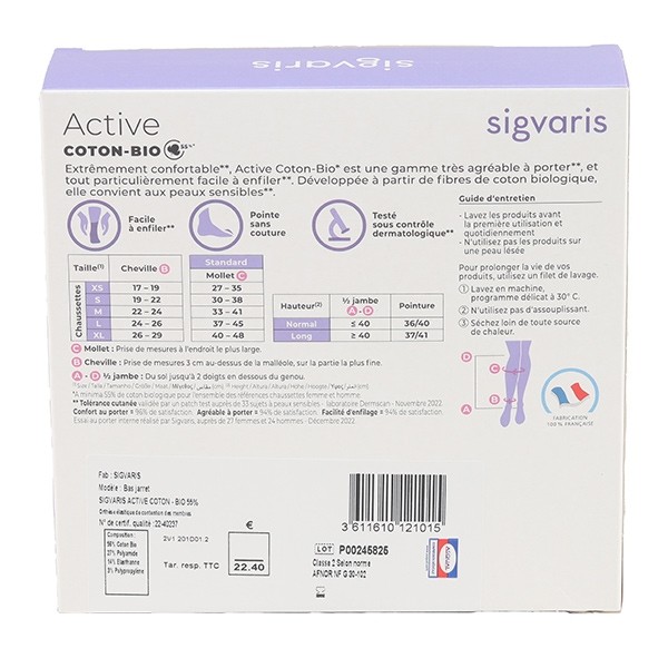 Sigvaris Active Coton bio chaussettes de contention femme classe 2