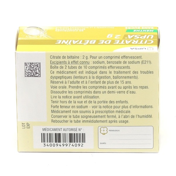 Citrate de Betaine 2 g effervescent Menthe UPSA