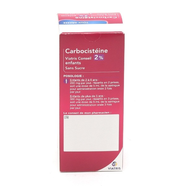 Carbocistéine 2 % Viatris sans sucre enfants sirop