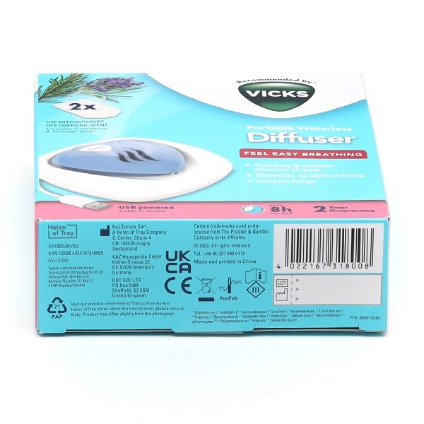 Vicks Diffuseur électrique USB portable Waterless Pédiatrique Romarin et Lavande