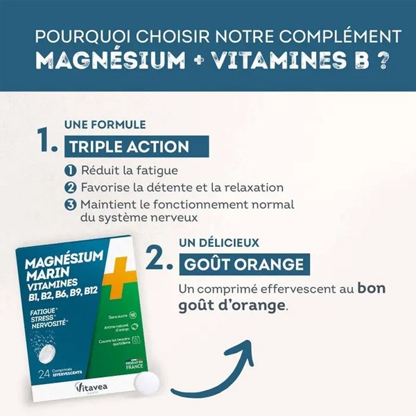 Vitavea Magnésium Vitamines B1 B2 B6 B9 B12 comprimés effervescents